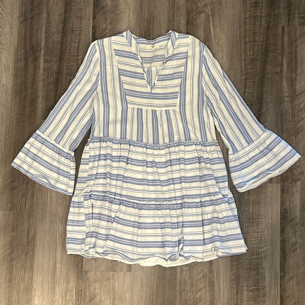 Entro Striped Tiered Flared Long Sleeve V-Cut Rayon Blend Dress - Large